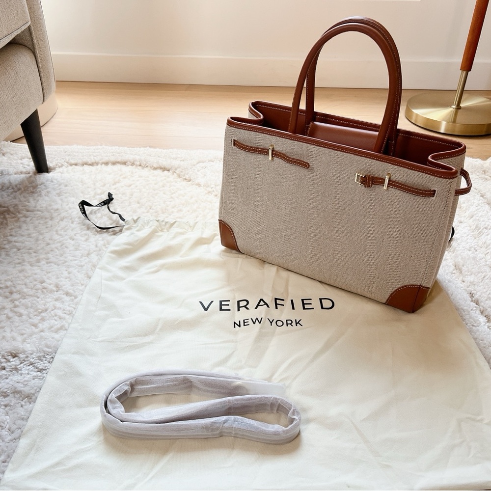 Verafied Beige Canvas Book Tote Bag - Picture 2 of 10